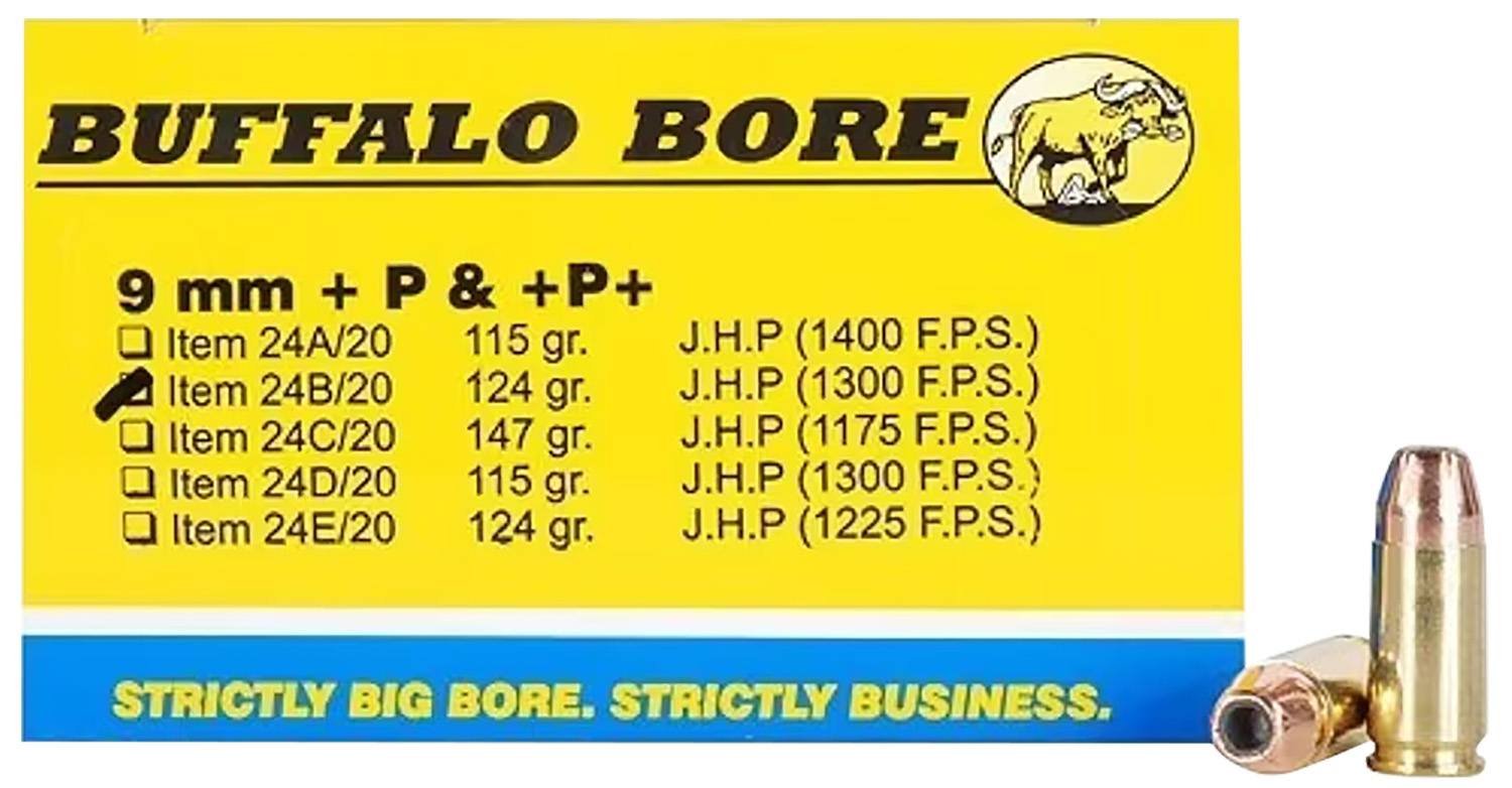 Buffalo Bore Ammunition 24B20 Personal Defense Strictly Business 9mmLuger +P+ 124gr Jacket Hollow Point 20 Per Box/12 Case 3 Buffalo Bore Ammunition 24B20 Personal Defense Strictly Business 9mmLuger +P+ 124gr Jacket Hollow Point 20 Per Box/12 Case