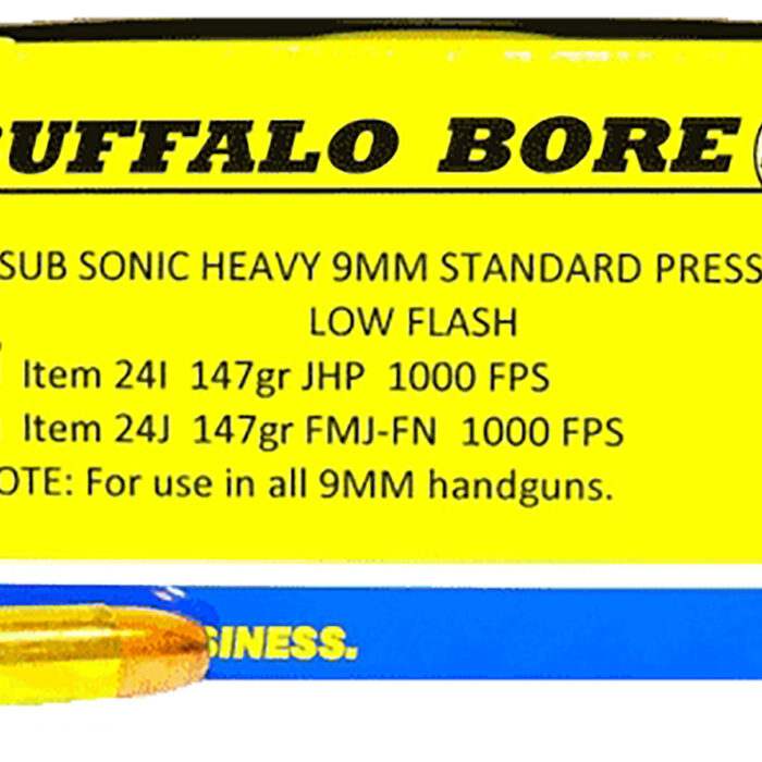 Buffalo Bore Ammunition 24I20 Subsonic Strictly Business 9mmLuger Subsonic 147gr Jacketed Hollow Point 20 Per Box/12 Case