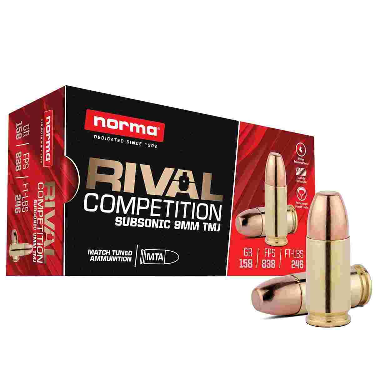 Norma Rival Competition Subsonic Ammunition 9mm Luger 158gr TMJ 838 fps 50/ct 3 Norma Rival Competition Subsonic Ammunition 9mm Luger 158gr TMJ 838 fps 50/ct