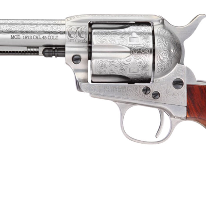 Taylors & Company 550926 1873 Cattleman 45 Colt (LC) Caliber with 4.75" Barrel, 6rd Capacity Cylinder, Overall White Floral Engraved Finish Steel & Walnut Grip