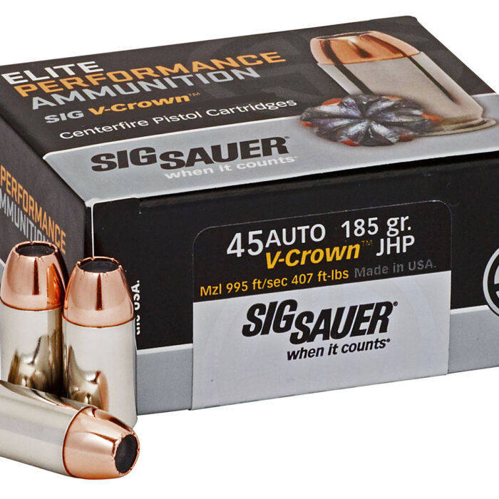 Sig Sauer E45AP050 Elite Performance  45ACP 185gr V-Crown Jacketed Hollow Point 50 Per Box/10 Case