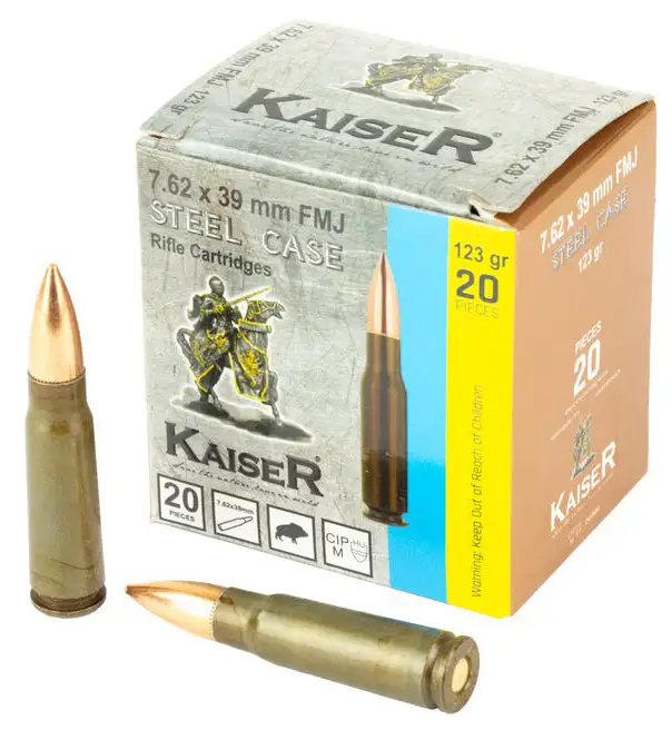 CENT Kaiser 7.62X39 STL CS 123GR FMJ NON CORROSIVE 20RD BX 1000RD CS