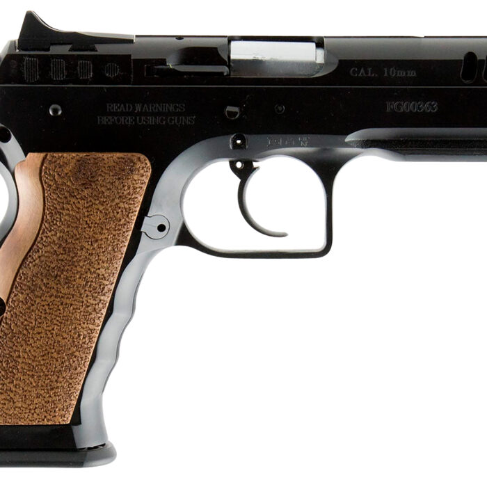 Tanfoglio IFG TFSTOCKI10 Defiant Stock I 10mm Auto Caliber with 4.50" Barrel, 13+1 Capacity, Overall Black Finish Steel, Picatinny Rail/Beavertail Frame, Serrated Slide & Wood Grip