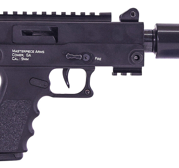 MasterPiece Arms 30DMGBLK Defender Top Cocking TB 9mm Luger Caliber with 4.50" Barrel, 17+1 Capacity, Overall Black Cerakote Finish, Black Aluminum Grip Right Hand Includes Polymer Case