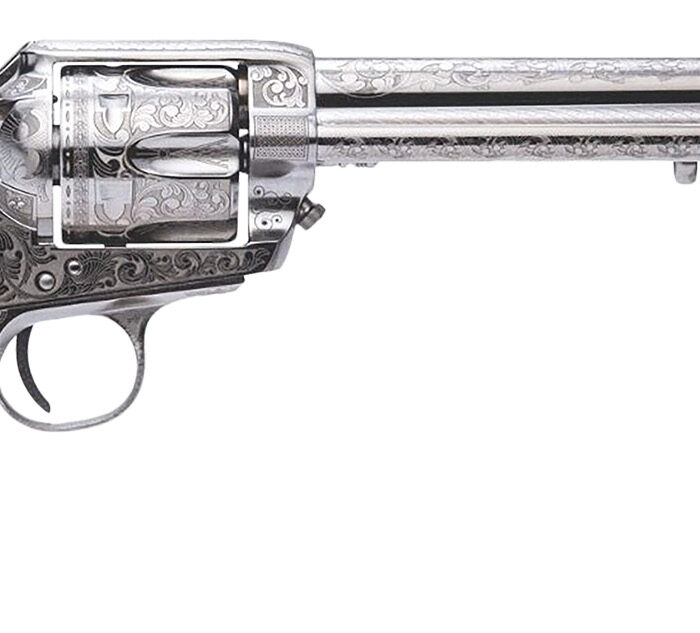 Cimarron PP415LNTRII Teddy Roosevelt Frontier 45 Colt (LC) 6 Shot 7.50" Nickel-Plated Engraved Barrel, Cylinder & Frame, White w/Laser Engraved "T.R." Grip
