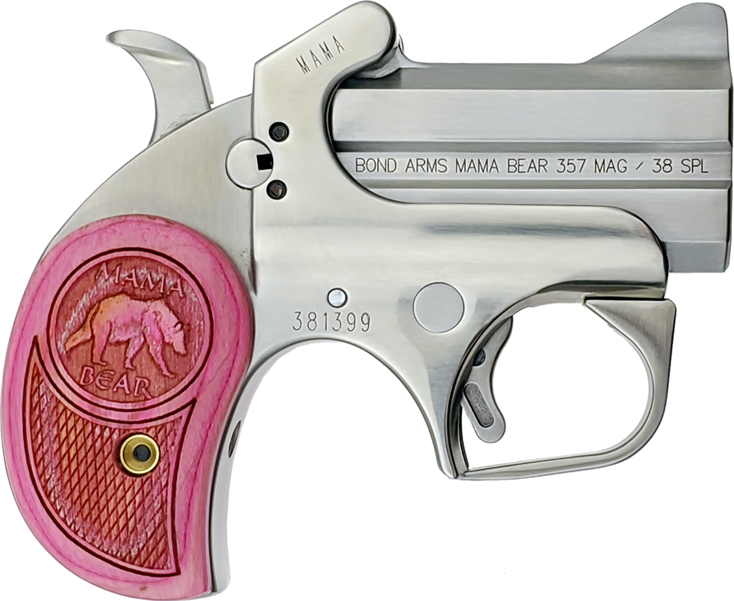 Bond Arms BAMB Mama Bear 357 Mag/38 Special 2rd 2.50" Stainless Steel Double Barrel & Frame, Auto Extractors & Rebounding Hammer, Blade Front/Fixed Rear Sights, Pink Wood Grip, Manual Safety 3 Bond Arms BAMB Mama Bear 357 Mag/38 Special 2rd 2.50" Stainless Steel Double Barrel & Frame, Auto Extractors & Rebounding Hammer, Blade Front/Fixed Rear Sights, Pink Wood Grip, Manual Safety