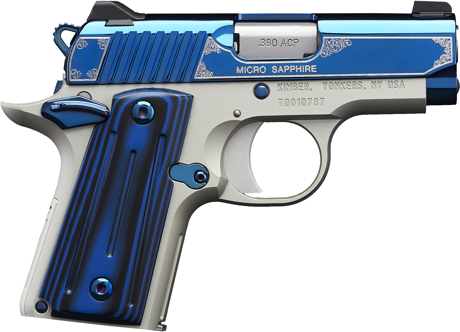 Kimber Mfg.,inc 3300090 Micro Sapphire NS 380 ACP 7+1 2.75" Polished Bright Blue PVD Coating Cut Scroll Engraving and Border Stainless Steel Thin blue/black ball-milled G-10 Grip 3 Kimber Mfg.,inc 3300090 Micro Sapphire NS 380 ACP 7+1 2.75" Polished Bright Blue PVD Coating Cut Scroll Engraving and Border Stainless Steel Thin blue/black ball-milled G-10 Grip