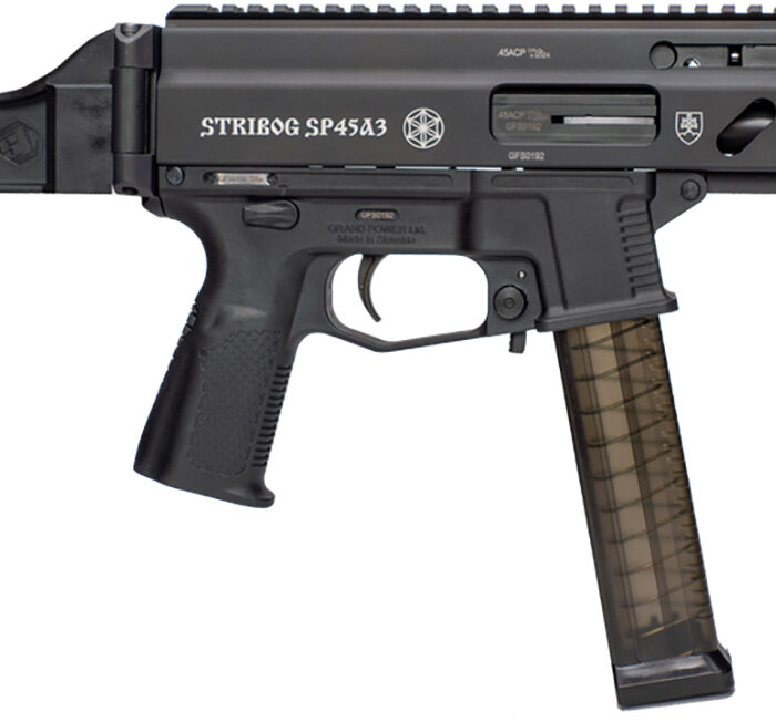 Grand Power 197892004824 SP45A3 Stribog 45 ACP 20+1 8" Black Threaded Barrel, Black Aluminum Picatinny Rail Receiver, Black SB Tactical Brace, Black Polymer Grip, Thread Protector