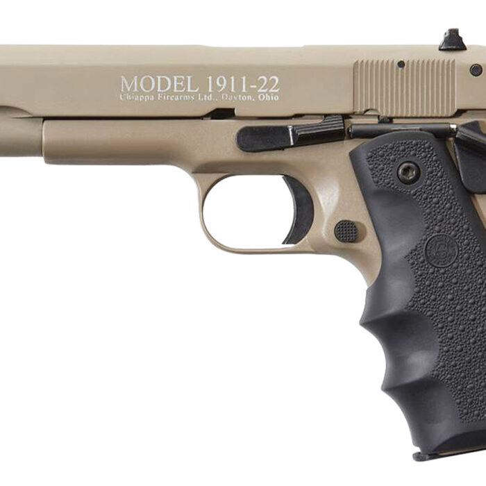 Chiappa Firearms 401120 1911-22  22 LR 10+1, 5" Black Steel Barrel, Tan Serrated Slide, Tan Aluminum Frame w/Beavertail, Black Hogue Rubber Finger Grooved Grip, Manual Thumb Safety, Right Hand