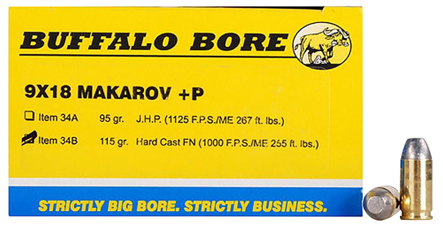Buffalo Bore Ammunition 34B20 Personal Defense Strictly Business 9x18Makarov +P 115gr Hard Cast Flat Nose 20 Per Box/12 Case 3 Buffalo Bore Ammunition 34B20 Personal Defense Strictly Business 9x18Makarov +P 115gr Hard Cast Flat Nose 20 Per Box/12 Case