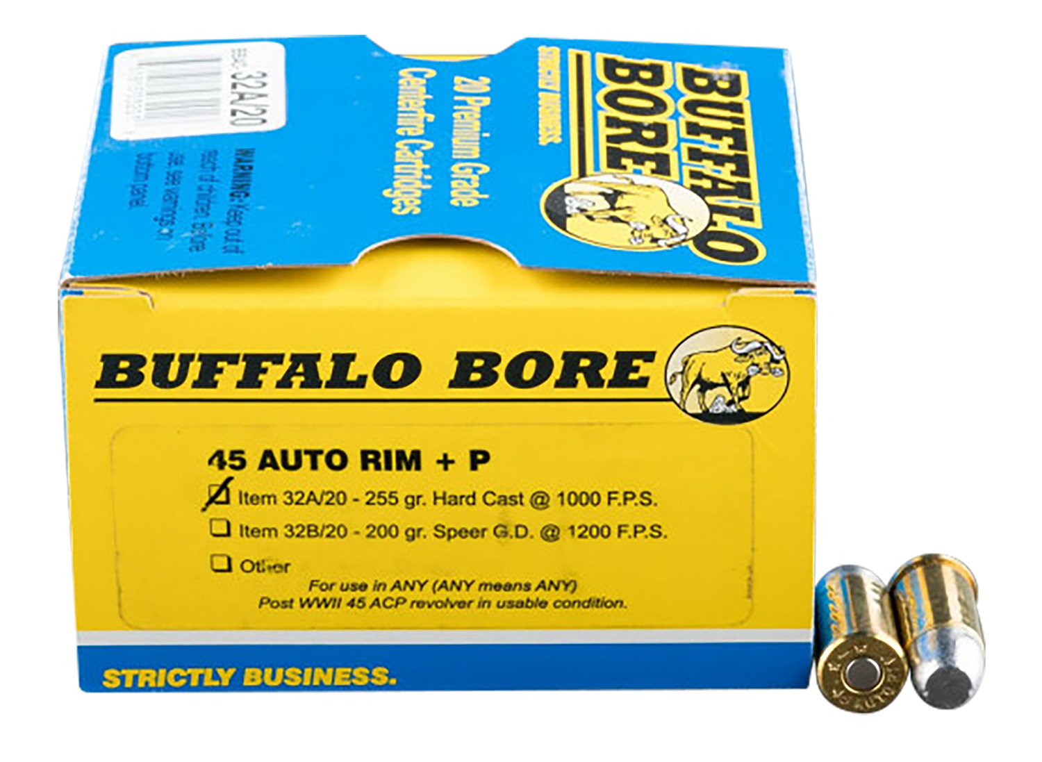 Buffalo Bore Ammunition 32A20 Personal Defense Strictly Business 45Auto Rim +P 255gr Hard Cast Flat Nose 20 Per Box/12 Case 3 Buffalo Bore Ammunition 32A20 Personal Defense Strictly Business 45Auto Rim +P 255gr Hard Cast Flat Nose 20 Per Box/12 Case