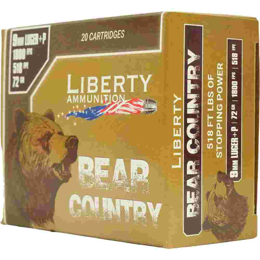 Liberty Bear Country Handgun Ammunition 9mm(+P) 72gr Solid 1850 fps 20/cts 3 Liberty Bear Country Handgun Ammunition 9mm(+P) 72gr Solid 1850 fps 20/cts