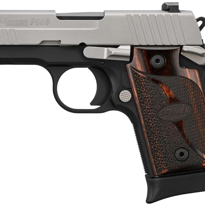 Sig Sauer 9389TXR3AMBI P938  Micro-Compact Frame 9mm Luger 6+1/7+1 3" Black Steel Barrel, Bead Blast Serrated Stainless Steel Slide, Black Anodized Aluminum Frame w/Beavertail, Rosewood Hogue Grip