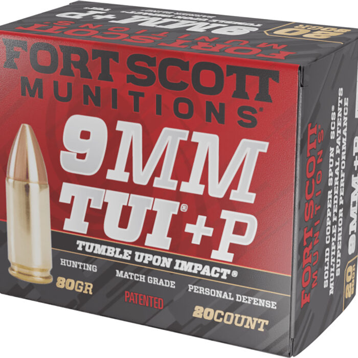 Fort Scott Munitions 9MM+P-080-SCV Tumble Upon Impact (TUI)  9mm+P 80gr Solid Copper Spun 20 Per Box/25 Case