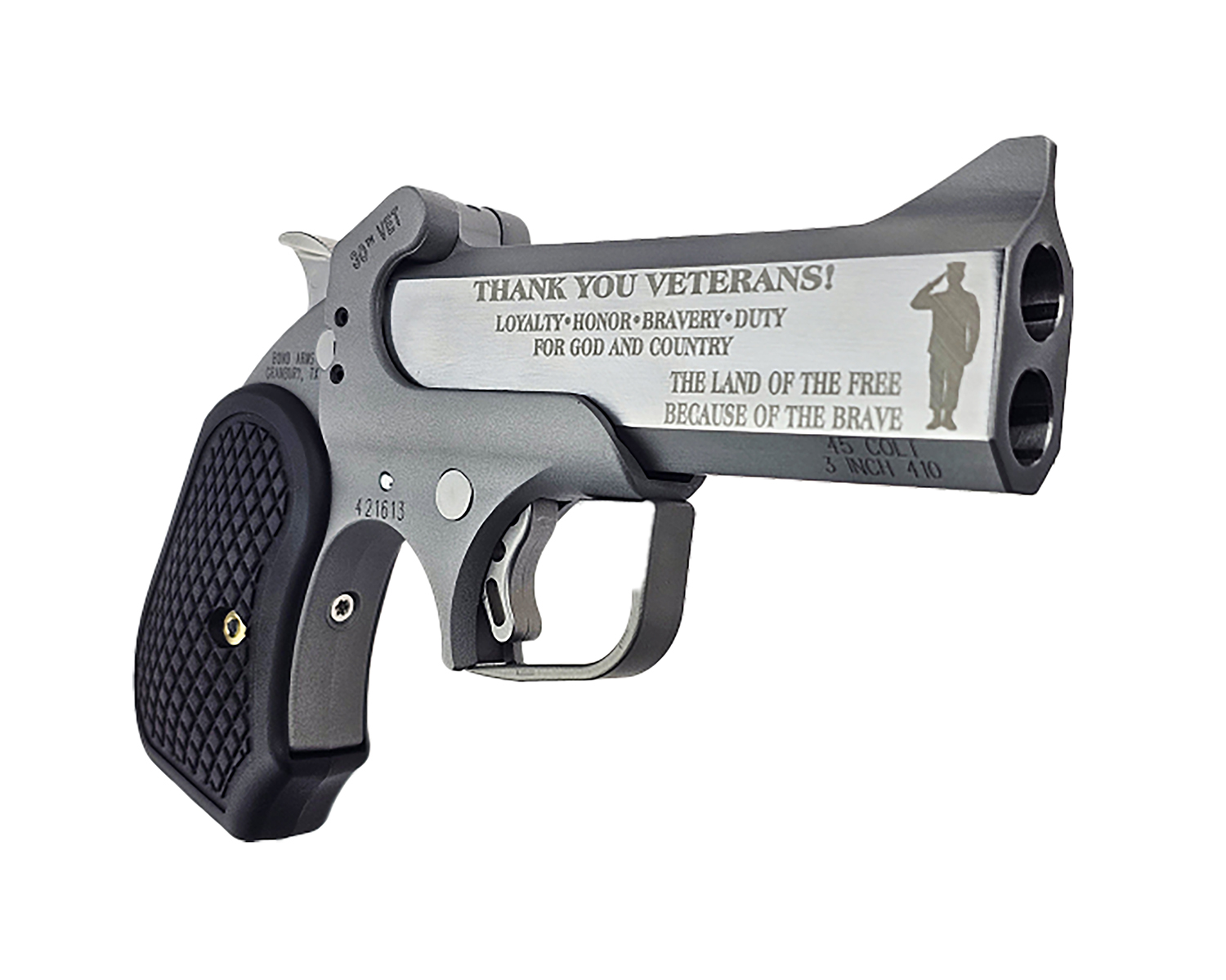 Bond Arms BA30THVET-45LC/410 30th Vet 45 Colt (Long Colt)/410 Gauge 2 Shot 4.25" Engraved Matte Barrel, Rough Matte Stainless Steel Frame, Black Grips 3 Bond Arms BA30THVET-45LC/410 30th Vet 45 Colt (Long Colt)/410 Gauge 2 Shot 4.25" Engraved Matte Barrel, Rough Matte Stainless Steel Frame, Black Grips