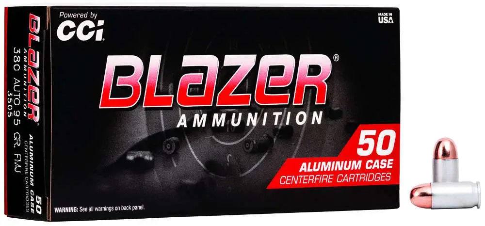 CCI 380 AUTO 95 GR FMJ BLAZER 50 RD/BX 20 BX/CS 3 CCI 380 AUTO 95 GR FMJ BLAZER 50 RD/BX 20 BX/CS