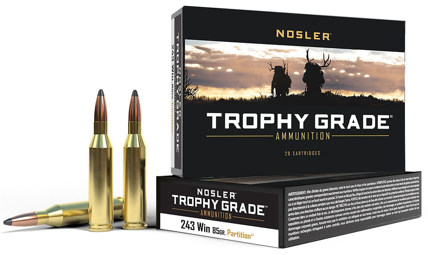 Nosler 60002 Trophy Grade  243Win 85gr Nosler Spitzer Partition 20 Per Box/10 Case