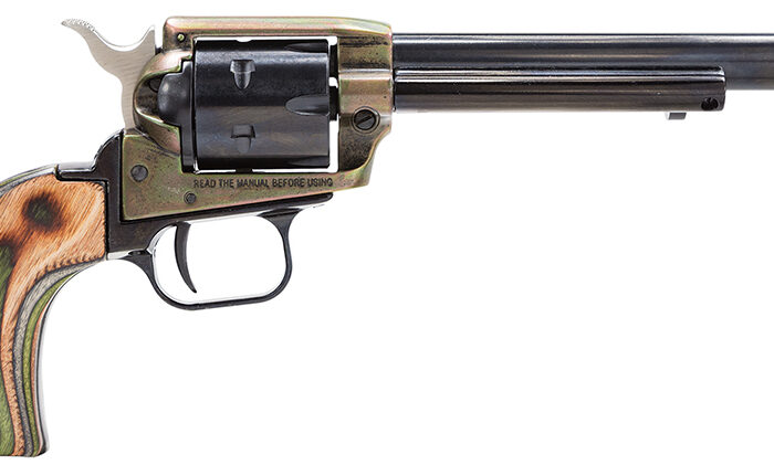 Heritage Mfg RR22CH6 Rough Rider  22 LR 6 Shot, 6.50" Black Oxide Steel Barrel, Simulated Case Hardened Zinc Alloy Frame, Black Oxide Cylinder, Camo Laminate Grip, Manual Safety, Exposed Hammer