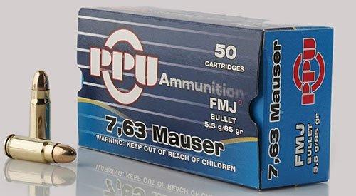 PPU Handgun Ammunition 7.63mm Mauser 85 gr FMJ 1510 fps 50/ct 3 PPU Handgun Ammunition 7.63mm Mauser 85 gr FMJ 1510 fps 50/ct
