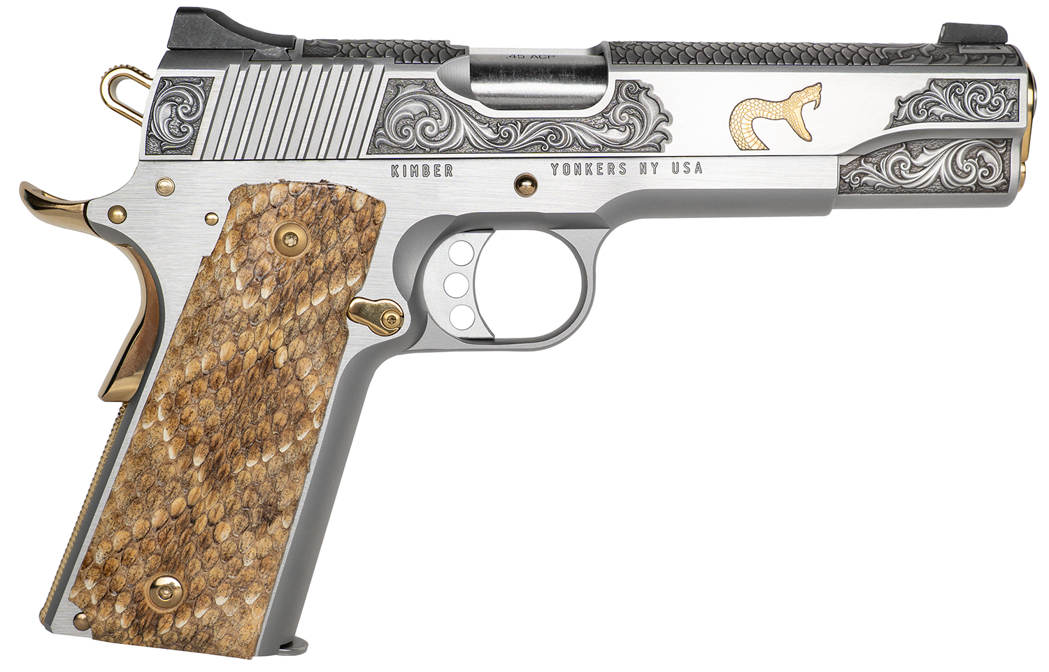 Cnc Firearms CNCRATTLER Kimber 1911 Rattler Sports South Exclusive 45 ACP Stainless Barrel, Stainless w/Gold Plating Steel Engraved/Serrated Slide & Frame w/Beavertail, Genuine Snakeskin Grip