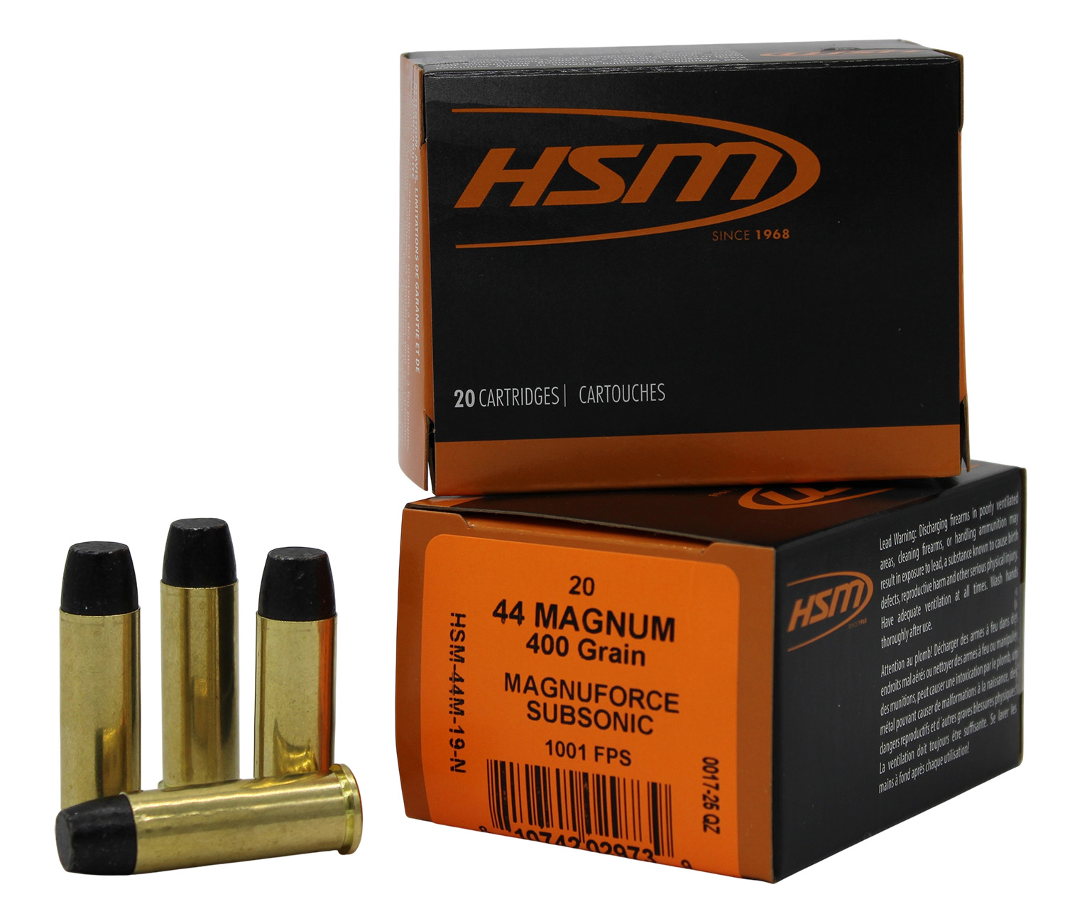 HSM 44M19N   44RemMag Subsonic 400gr Hard Cast Long Flat Nose 20 Per Box/20 Case