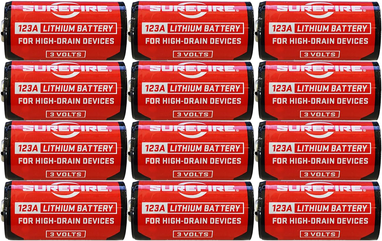 SureFire SF12ABBCS 123A Batteries  Red/Black 3.0 Volts 1,550 mAh (12) Single Package Clamshell