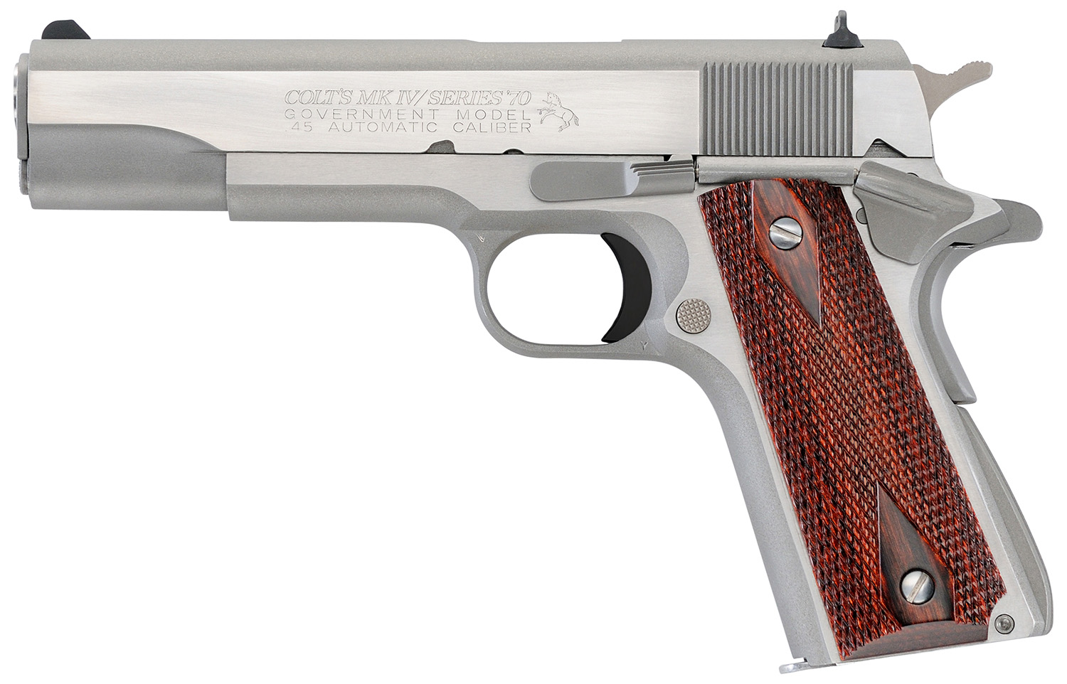 Colt Mfg O1070A1CS 1911 Government 45 ACP 8+1 5" Stainless National Match Barrel, Brushed Stainless Serrated Slide & Frame w/Beavertail, Double Diamond Checkered Wood Grip 3 Colt Mfg O1070A1CS 1911 Government 45 ACP 8+1 5" Stainless National Match Barrel, Brushed Stainless Serrated Slide & Frame w/Beavertail, Double Diamond Checkered Wood Grip