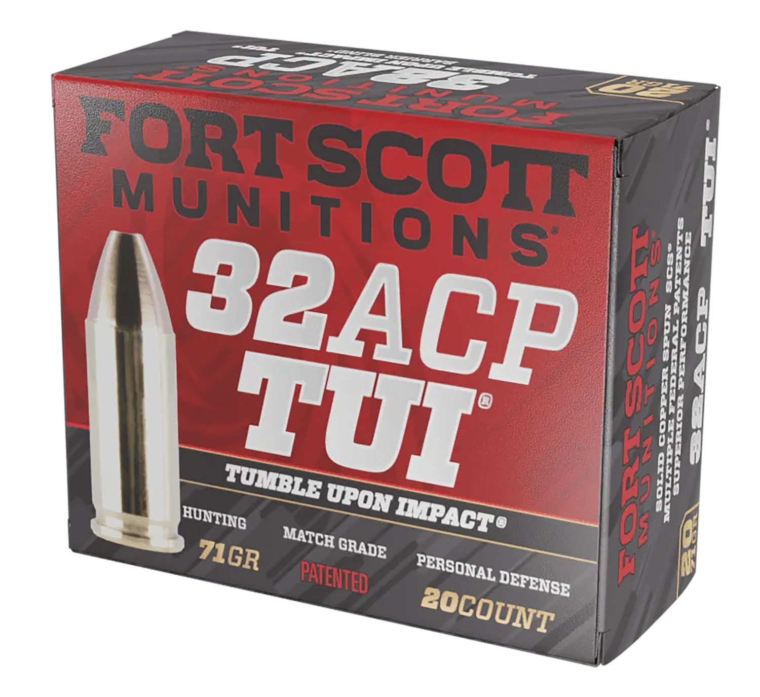 Fort Scott Munitions 32ACP71SCV Tumble Upon Impact (TUI)  32ACP 71gr Solid Copper Spun 20 Per Box/25 Case