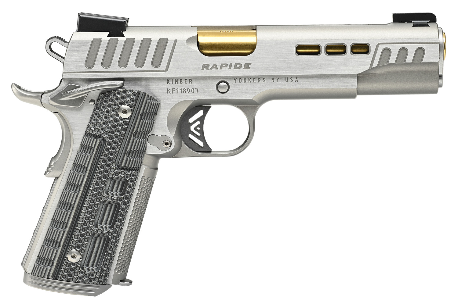Kimber Mfg.,inc 3000424 Rapide Dawn 10mm Auto 8+1 5" Gold TiN Stainless Steel Barrel, Lightening Cut/Serrated Stainless Steel Slide, Stainless Steel Frame w/Beavertail, Black & Gray G10 Grip 3 Kimber Mfg.,inc 3000424 Rapide Dawn 10mm Auto 8+1 5" Gold TiN Stainless Steel Barrel, Lightening Cut/Serrated Stainless Steel Slide, Stainless Steel Frame w/Beavertail, Black & Gray G10 Grip