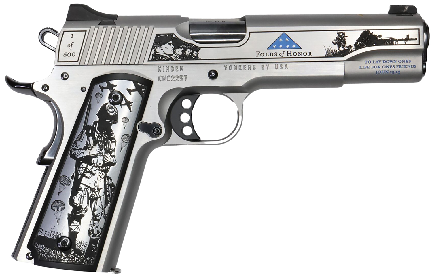 Cnc Firearms CNCFOLDSHONOR Folds Of Honor Limited Edition 45 ACP 7+1 5" Match Grade Barrel, Engraved/Serrated Stainless Steel Slide, Stainless Steel Frame w/Beavertail, Scenic Aluminum Grip 3 Cnc Firearms CNCFOLDSHONOR Folds Of Honor Limited Edition 45 ACP 7+1 5" Match Grade Barrel, Engraved/Serrated Stainless Steel Slide, Stainless Steel Frame w/Beavertail, Scenic Aluminum Grip