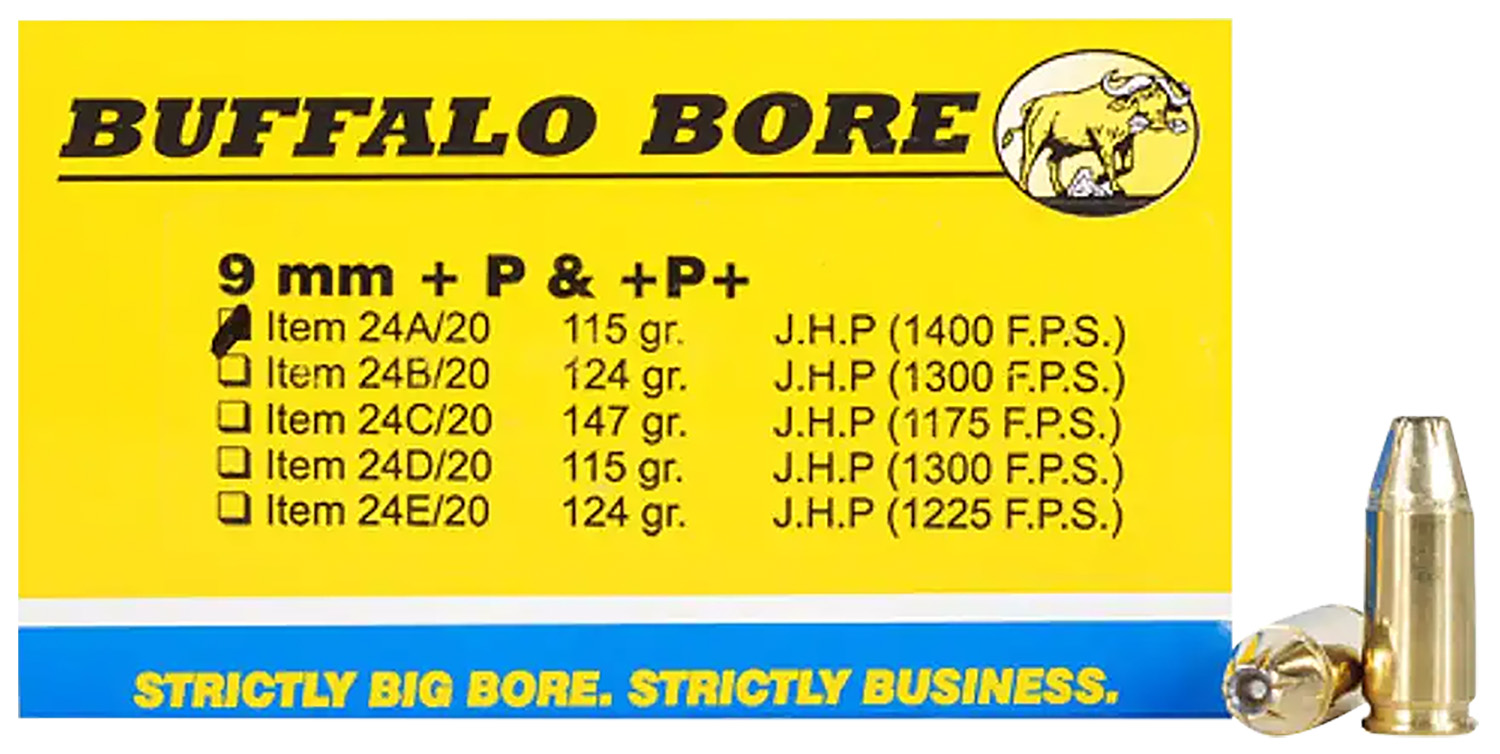 Buffalo Bore Ammunition 24A20 Personal Defense Strictly Business 9mmLuger +P+ 115gr Jacket Hollow Point 20 Per Box/12 Case 3 Buffalo Bore Ammunition 24A20 Personal Defense Strictly Business 9mmLuger +P+ 115gr Jacket Hollow Point 20 Per Box/12 Case