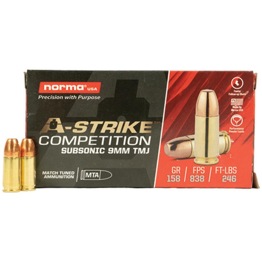 Norma A-Strike Subsonic Ammunition 9mm Luger 158gr TMJ 838 fps 50/ct 3 Norma A-Strike Subsonic Ammunition 9mm Luger 158gr TMJ 838 fps 50/ct