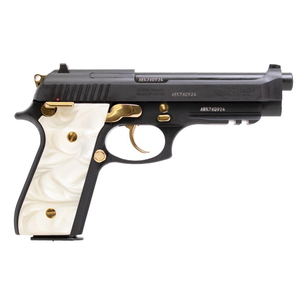 Taurus PT92 Handgun 9mm Luger 17rd Magazines (2) 5" Barrel Black with Pearl Grips and Gold Accents 3 Taurus PT92 Handgun 9mm Luger 17rd Magazines (2) 5" Barrel Black with Pearl Grips and Gold Accents