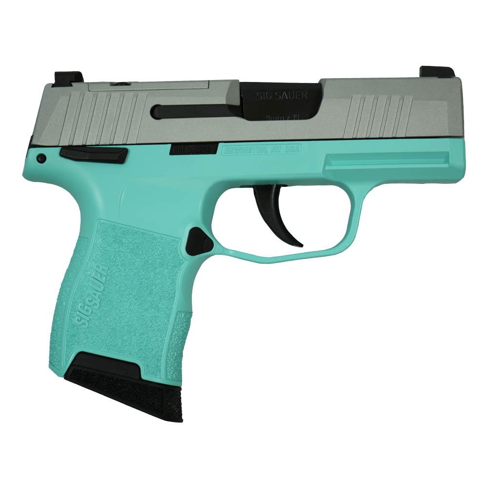 Sig Sauer "Silver Slide/Robin's Egg Blue Frame" P365 Optic Ready Handgun 9mm Luger 10rd Magazines(2) 3.1" Barrel X-RAY 3 Sights Manual Safety 3 Sig Sauer "Silver Slide/Robin's Egg Blue Frame" P365 Optic Ready Handgun 9mm Luger 10rd Magazines(2) 3.1" Barrel X-RAY 3 Sights Manual Safety