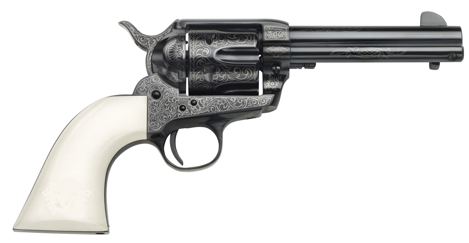 Taylors & Company 200059 1873 Cattleman Outlaw Legacy 357 Mag Caliber with 4.75" Barrel, 6rd Capacity Cylinder, Overall Blued Engraved Finish Steel & Ivory Synthetic Grip