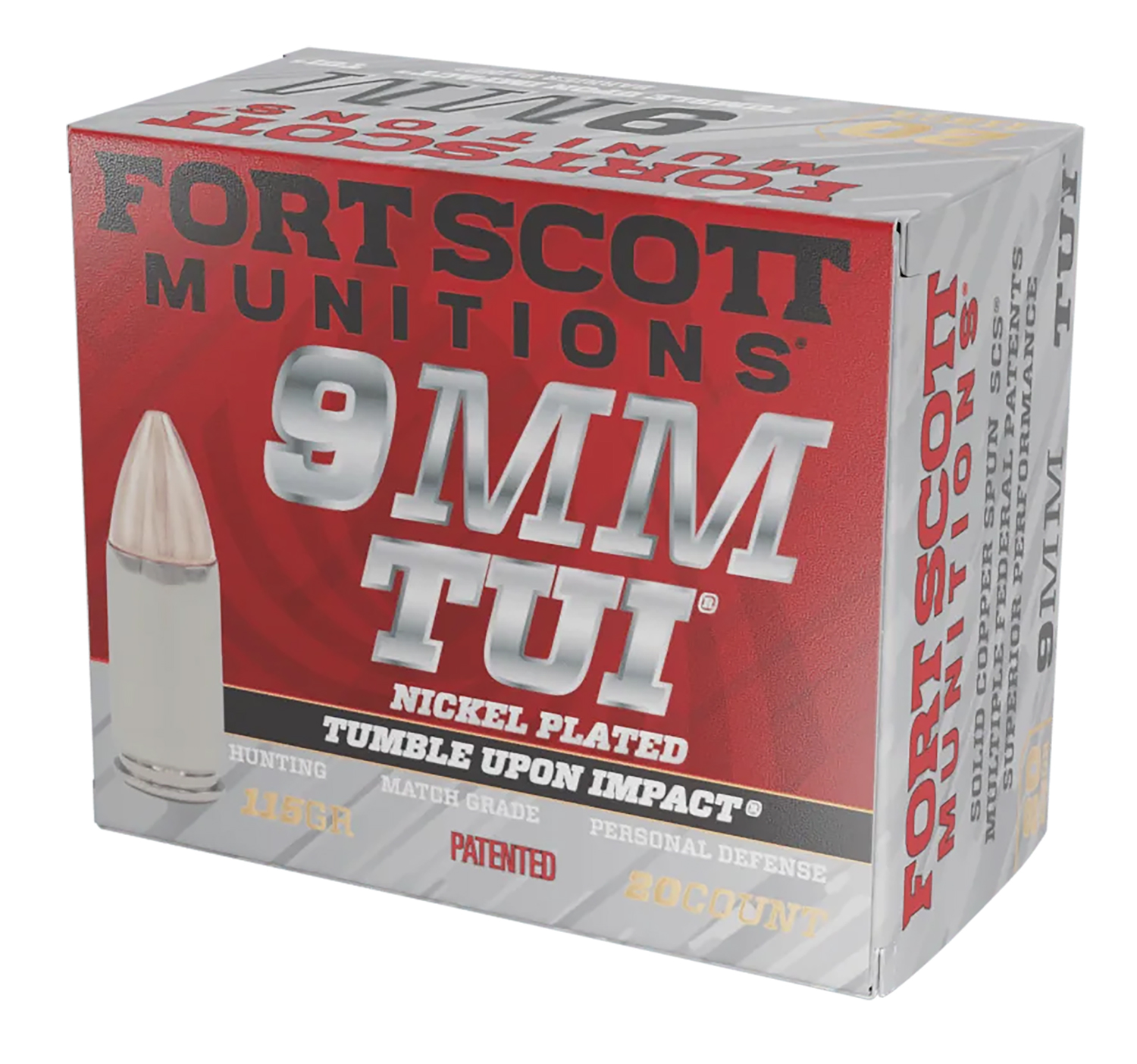 Fort Scott Munitions 9MM115SCVNIC Tumble Upon Impact (TUI)  9mmLuger 115gr Solid Copper Spun 20 Per Box/25 Case
