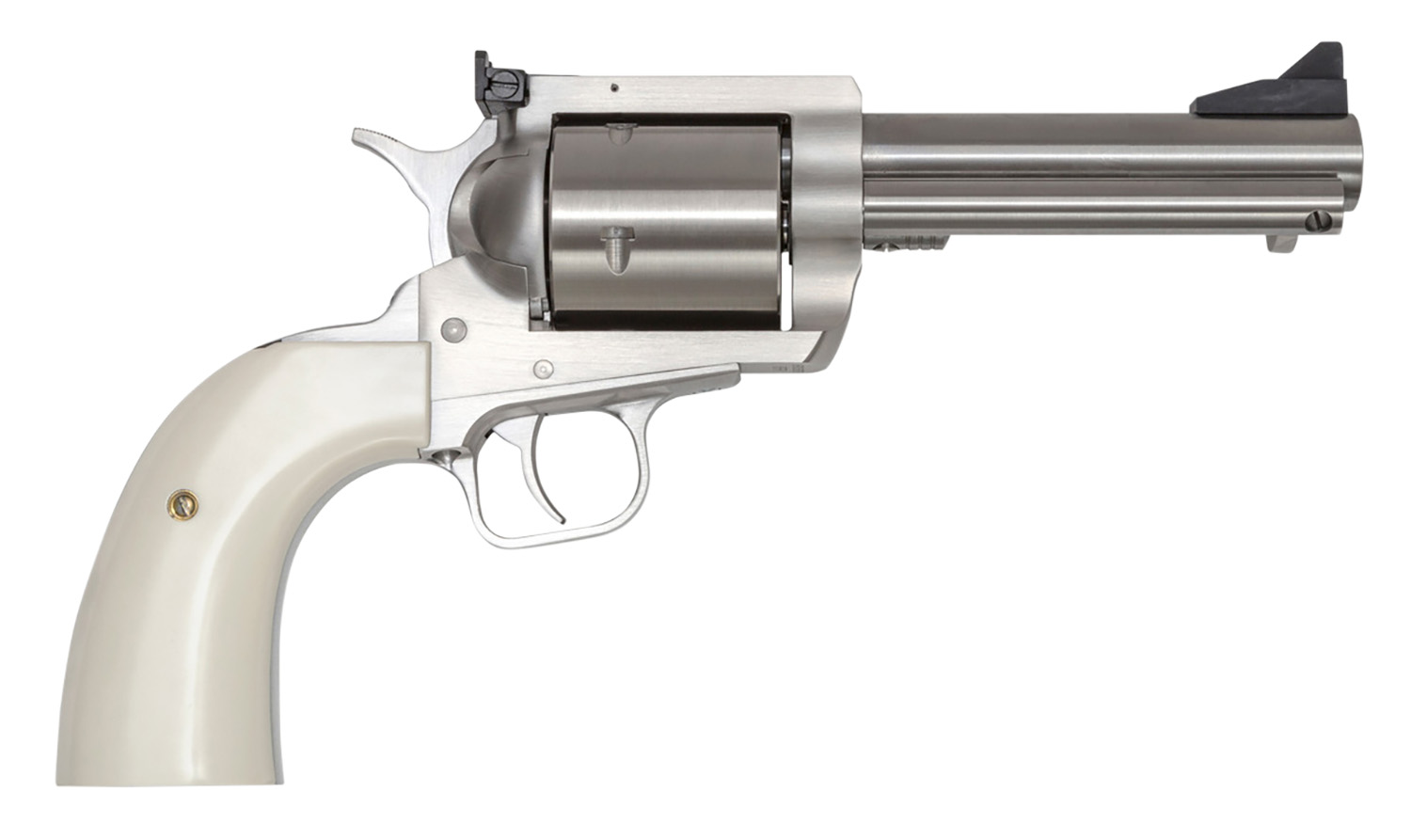 Magnum Research BFR44MAG5B6 BFR Short Cylinder 44 Rem Mag 6 Shot, 5" Brushed Stainless Steel Barrel, Cylinder  & Frame, White Polymer Grip, Hammer Safety, Exposed Hammer