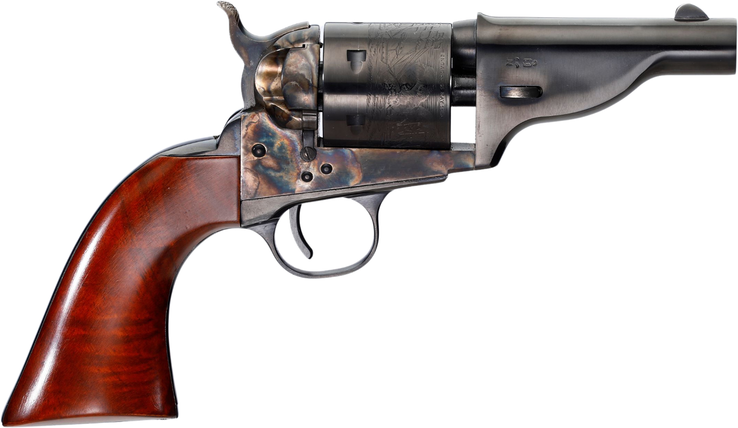 Taylors & Company 550958 Uberti Hickok Open-Top 38 Special 6 Shot 3.50" Blued Barrel, Blued Engraved Cylinder, Color Case Hardened Steel Frame, Walnut Army Grip, Hammer Bar Safety, Exposed Hammer