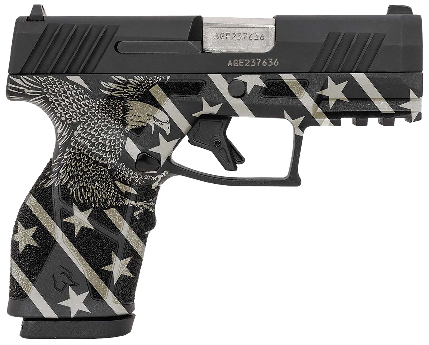 Taurus 1-GX2931-10EN1 GX2  Compact Frame 9mm Luger 10+1 3.38" Stainless Steel Barrel, Matte Black Serrated Alloy Steel Slide, Black w/Eagle, Stars & Stripes Polymer Frame w/Accessory Rail