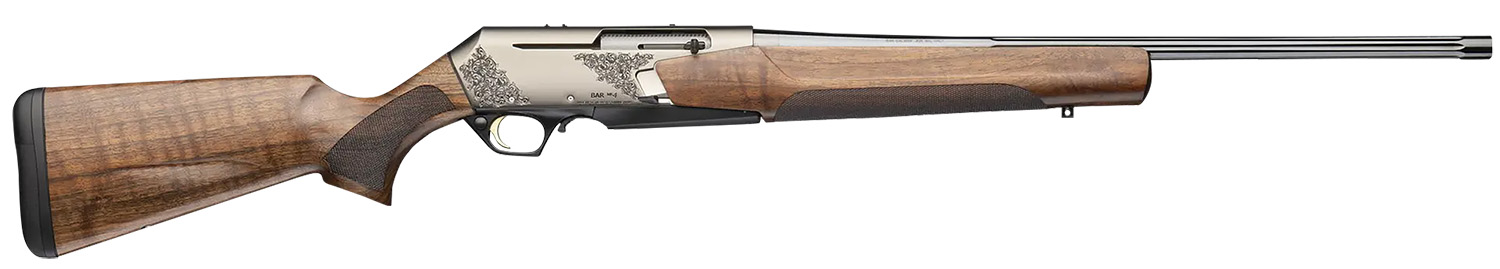 Browning 039009227 BAR MK4 Medallion 7mm Rem Mag 3+1 24" Polished Blued Fluted Barrel, Satin Nickel Engraved Aluminum Alloy Drilled & Tapped Receiver, Grade III Turkish Walnut Adj Shim Stock