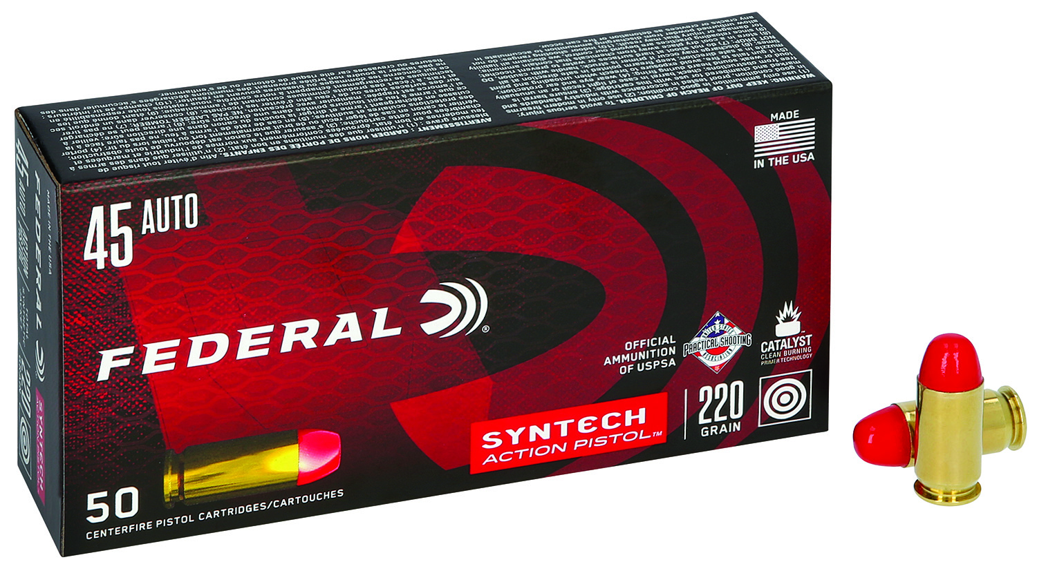 Federal AE45SJAP1 American Eagle Syntech Action Pistol  45ACP 220gr Total Syntech Jacket Flat Nose 50 Per Box/10 Case