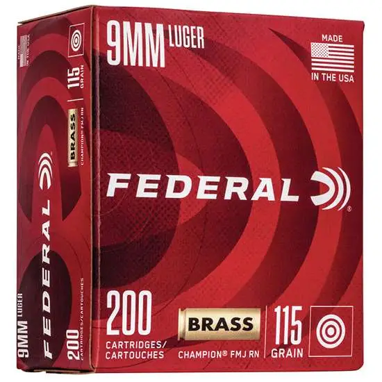 FEDERAL 9MM LUGER 115GR FMJ CHAMPION 200CT 200 RD/BX 5 BX/CS 3 FEDERAL 9MM LUGER 115GR FMJ CHAMPION 200CT 200 RD/BX 5 BX/CS
