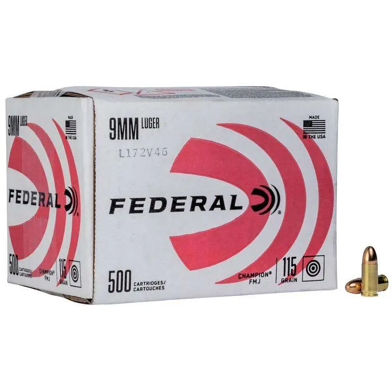FEDERAL 9MM LUGER 115GR FMJ CHAMPION 500RD BULKPACK 500 RD/BX 1 BX/CS 3 FEDERAL 9MM LUGER 115GR FMJ CHAMPION 500RD BULKPACK 500 RD/BX 1 BX/CS