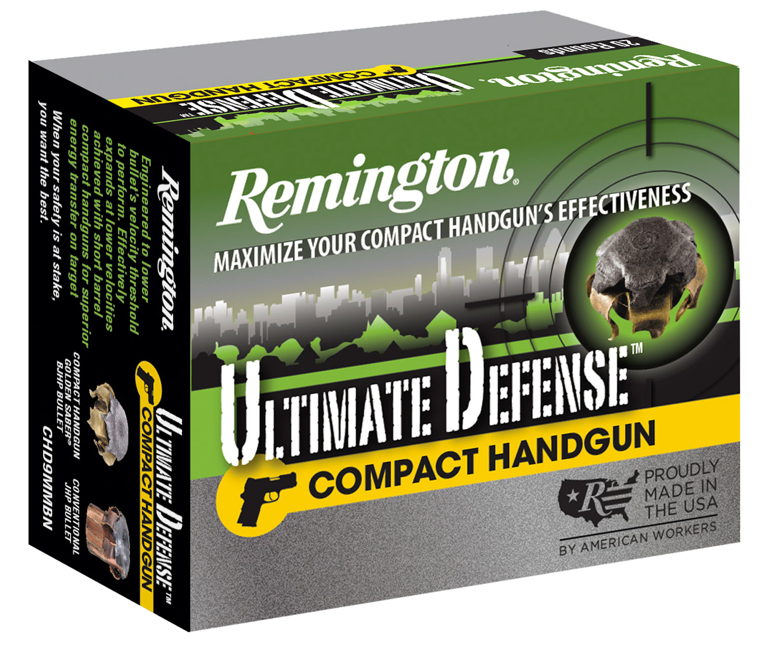 Remington Ammunition 28967 Ultimate Defense Compact Handgun 45ACP 230gr Brass Jacketed Hollow Point 20 Per Box/25 Case