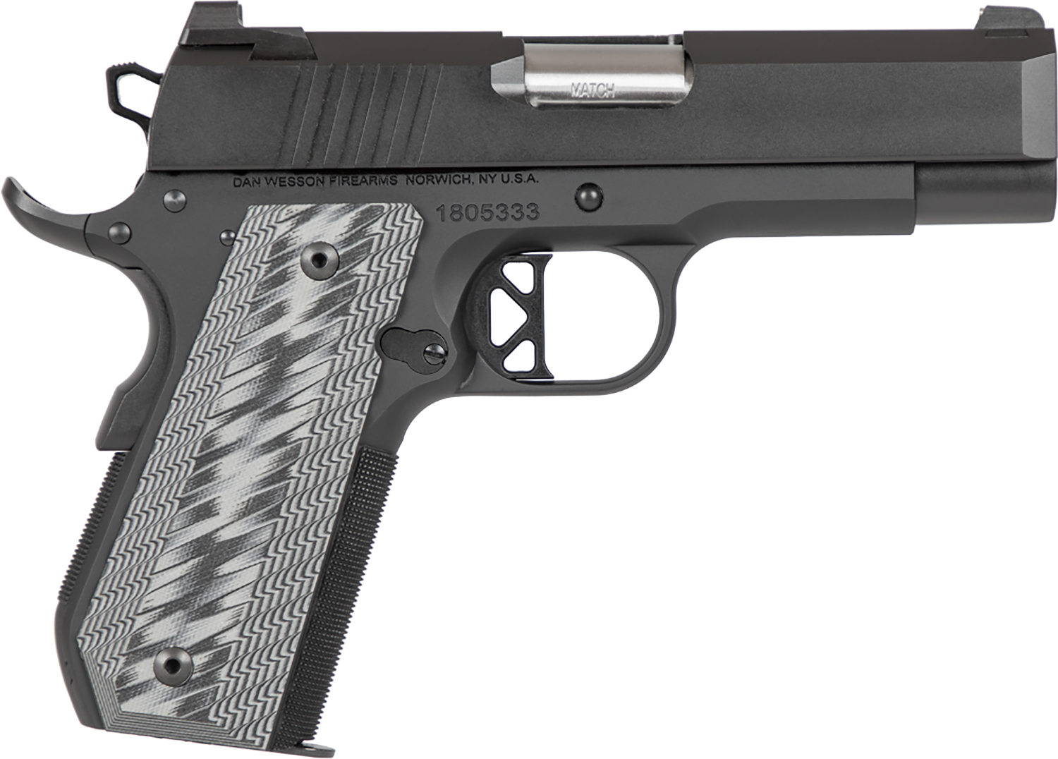 Dan Wesson 01883 ECP  Compact Frame 45 ACP 8+1 4" Stainless Bull Barrel Black Duty Serrated Stainless Steel Slide Black Aluminum Frame wBeavertail Black/Gray G10 Grip
