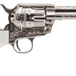 Cimarron PP410LNTXR Frontier Texas Ranger 45 Colt (LC) 6 Shot, 4.75" Engraved Nickel-Plated Steel Barrel, Cylinder & Frame, Engraved "One Riot, One Ranger" Ejector Rod, White Polymer Grip 2 136758