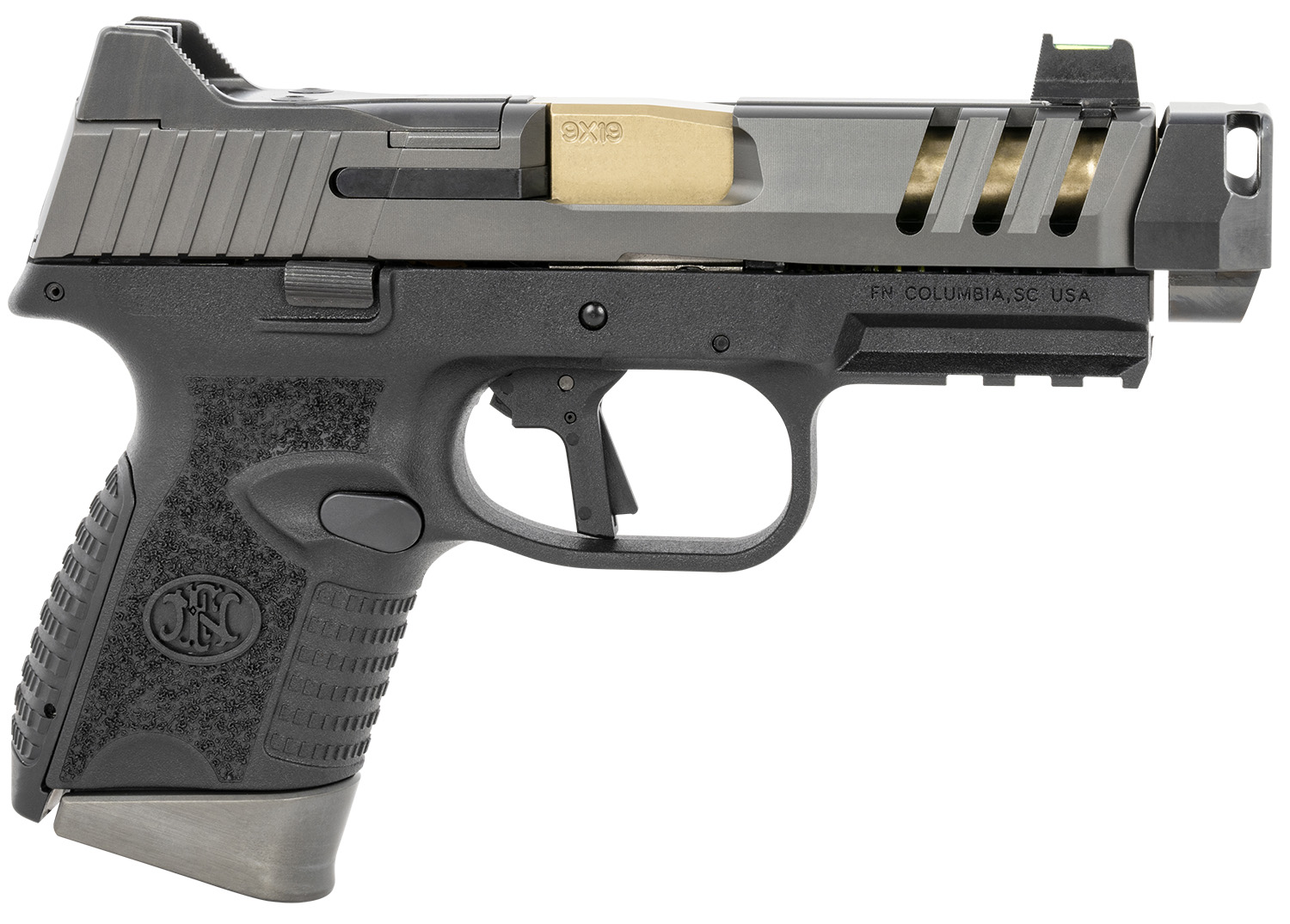 FN 66101350 509 CC Edge 9mm Luger 10+1 (3) 4.20" Threaded Gold Barrel, Black Frame, Graphite Optic & Lightening Cut Slide, Optic Height Fiber Optic Sights, Compensator (No Manual)