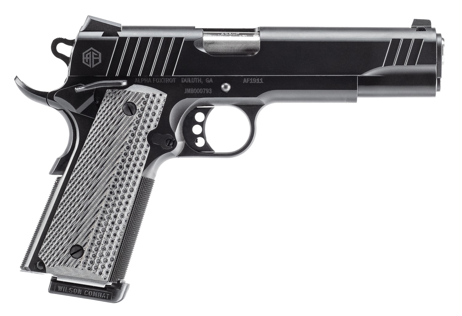 Alpha Foxtrot AA27X4ENA-XQBK08-WBS AF1911  Full Size 45 ACP 8+1 5" Stainless Bull Barrel, Black QPQ Stainless Steel Serrated Slide, Black QPQ Stainless Steel Serrated Frame w/Beavertail G10 Grip