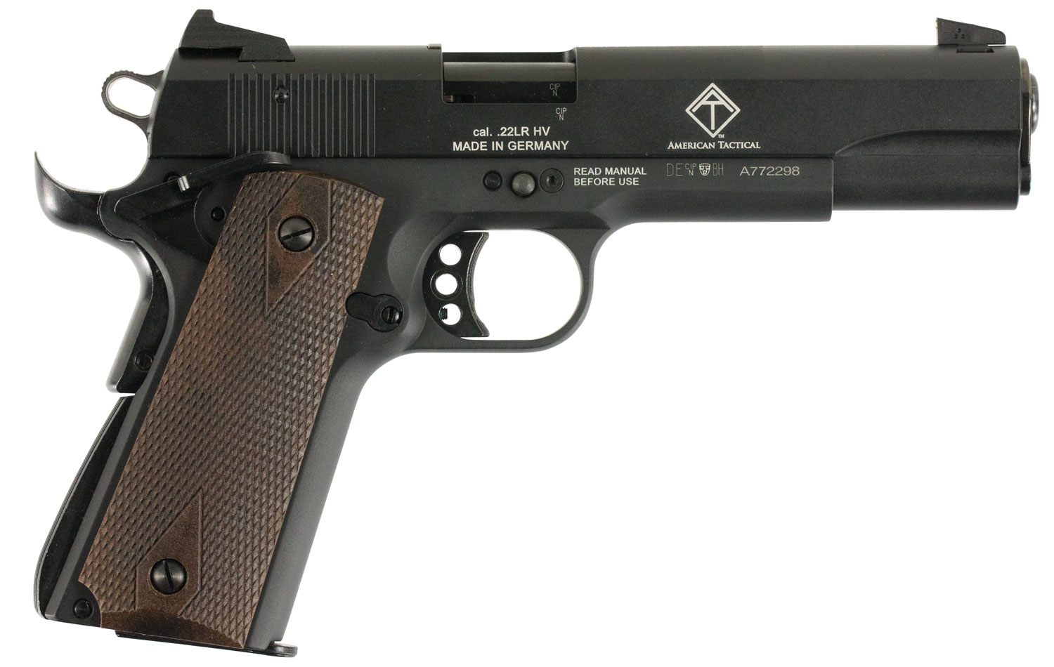 GSG GSG2210M1911 1911  22 LR 10+1 5" Threaded Barrel, Black Anodized Serrated Slide & Zinc Alloy w/Beavertail Frame, Double Diamond Walnut Grip