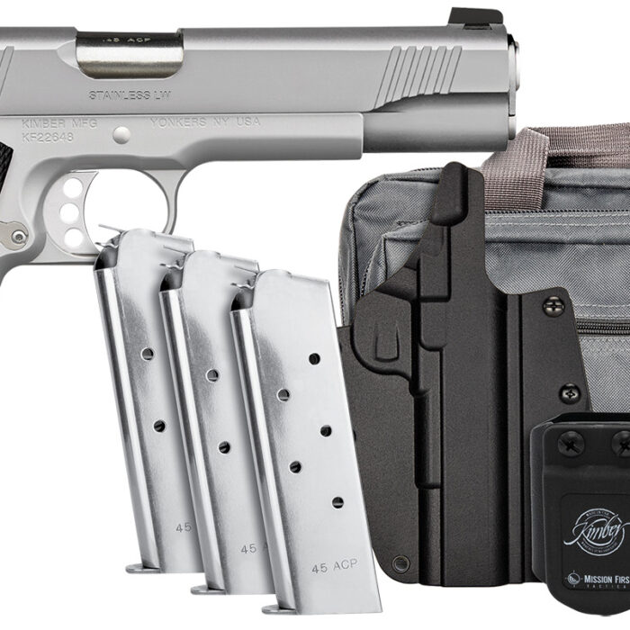 Kimber Mfg, Inc 3700826 Stainless LW Club Bundle Full Size Frame 45 ACP 7+1 5" Stainless Match Grade Barrel, Serrated Stainless Steel Slide, Stainless Aluminum Frame w/Beavertail, Black Textured Grip